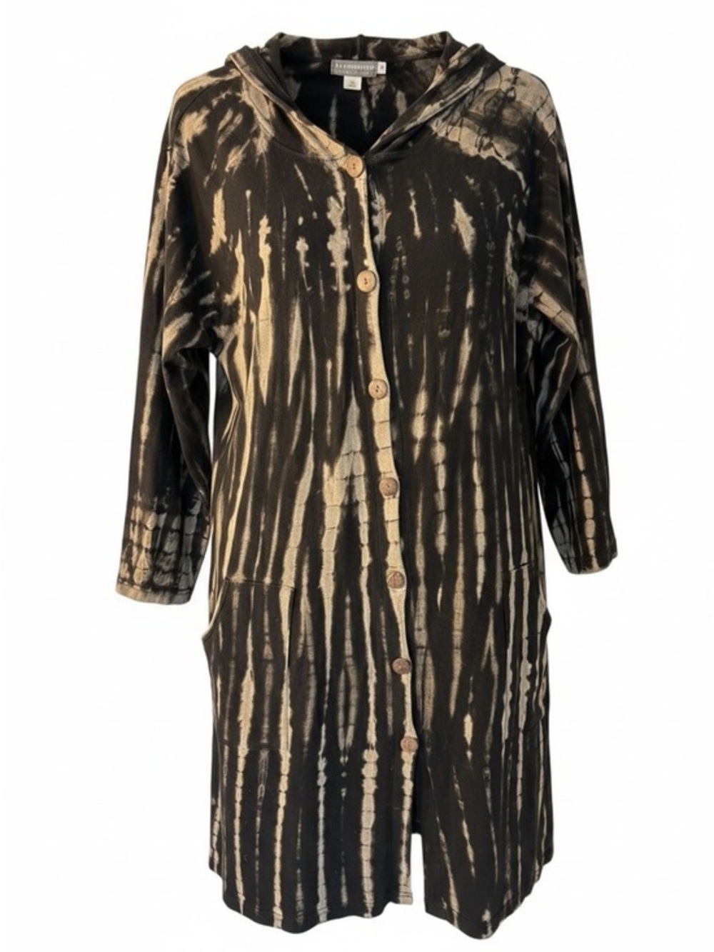 EARTHBOUND Black and Tan Tie-Dye Hooded Button-Up Tunic